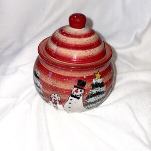 Vintage ND Hand Painted Christmas Sugar Bowl with Lid – Holiday Snowman Ceramic